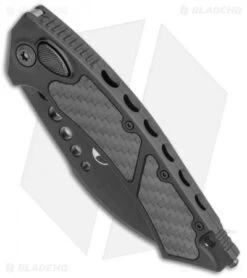 Microtech Signature Series Hawk Auto Knife Black Al. CF Inlay (4" Black DLC) -Spyderco Sales Store Microtech Hawk Automatic Knife Black DLC CF Inlay 4 Black BHQ 118832 LS Spine