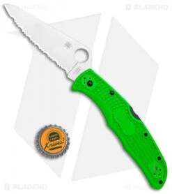 Spyderco Pacific Salt 2 Lockback Knife Green FRN (3.4" Satin Serr LC200N) -Spyderco Sales Store Spyderco Pacific Salt 2 LB Green FRN Satin Serr C91FSGR2 BHQ 116275 jr bottlecap